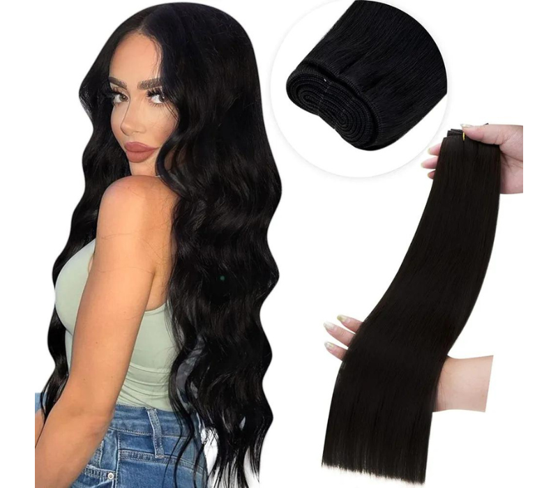 Laavoo Jet Black weft hair extentions - 18inches, Remy human hair double weft, 100g